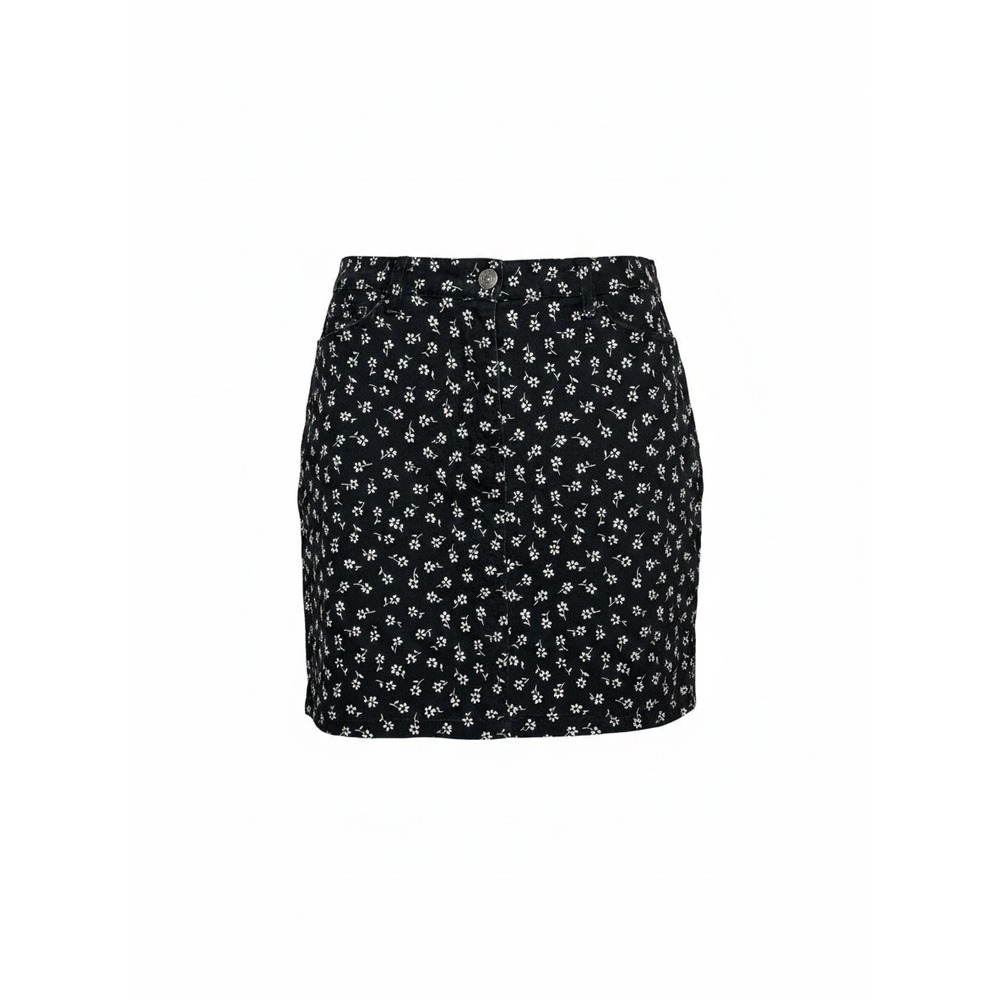 Bill Blass Jeans Womens 8P Black Floral Daisy Print Denim Stretch Mini Skirt